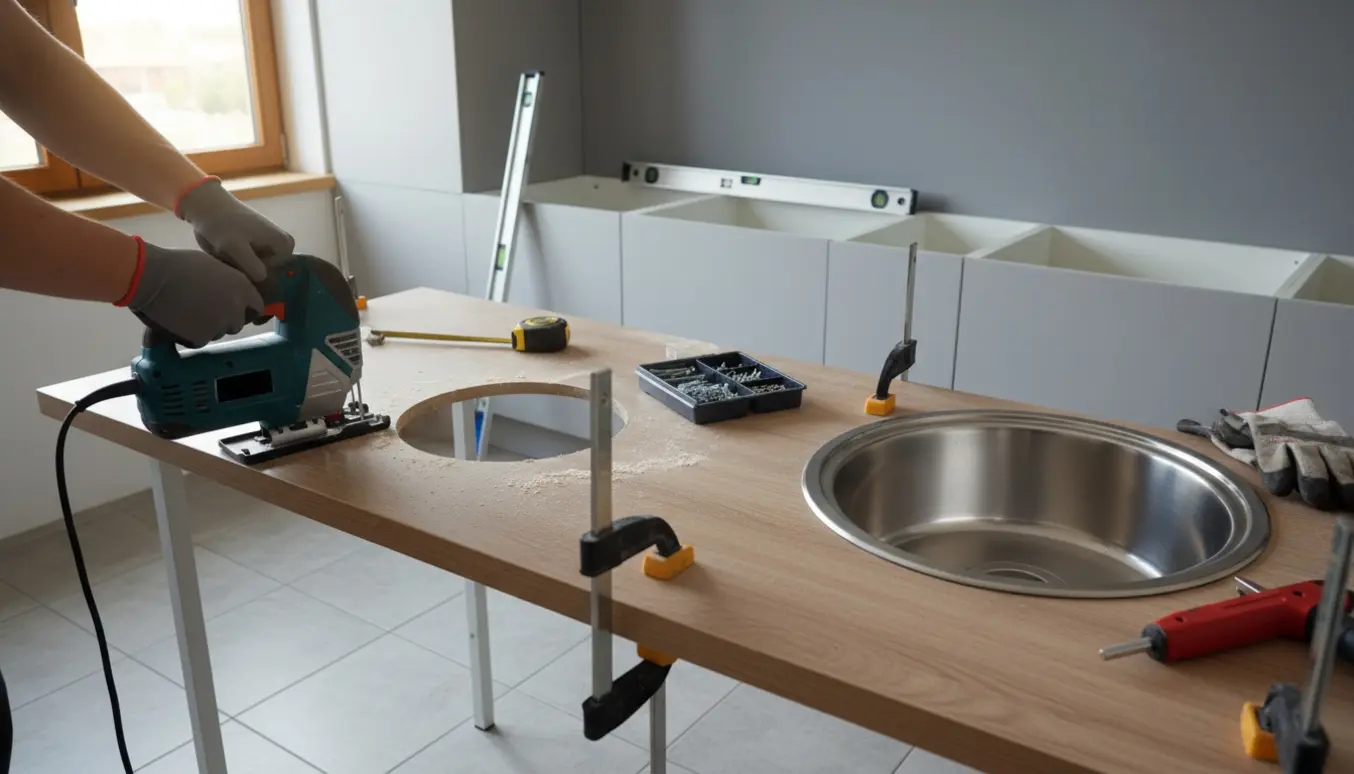 Installerende hænder saver hul i bordpladen i et lille køkken for at montere en håndvask.
