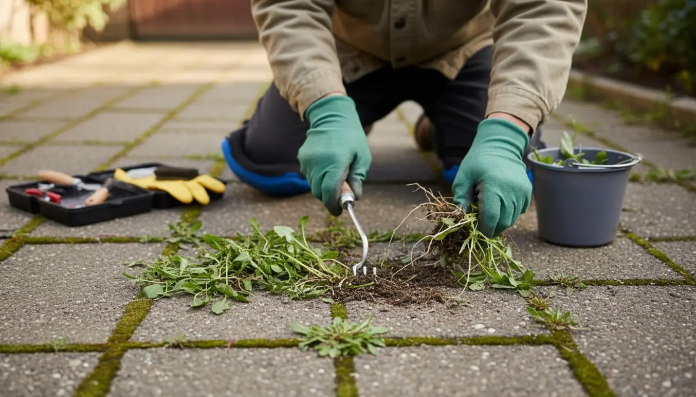 Gloved hænder fjerner ukrudt mellem fliser på en indkørsel med værktøj og spand ved siden af.