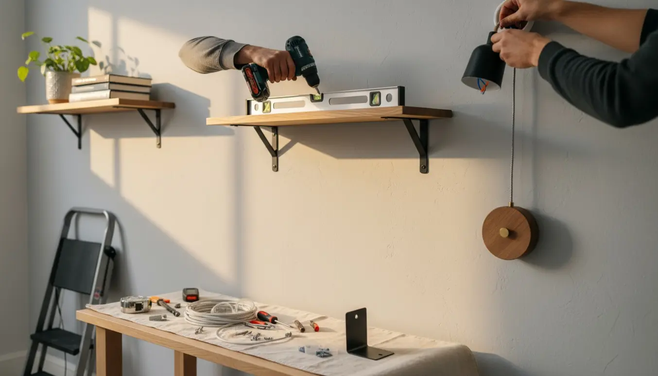 Nærbillede af hænder, der monterer hylder og lamper i en lys, moderne gang.