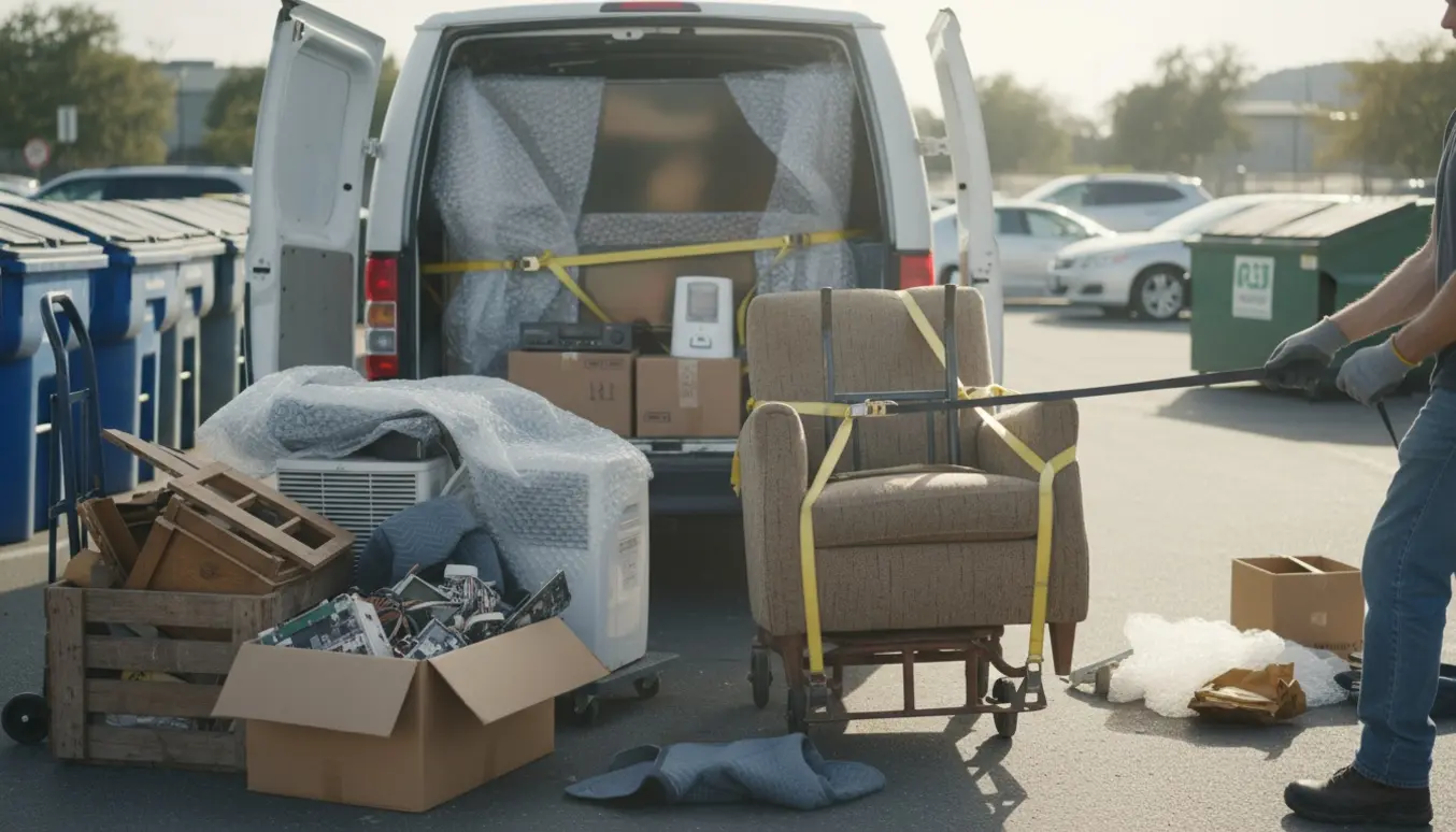 Åben varevogn ved genbrugsplads med gamle fladskærme, møbler og elektronik klar til aflevering.