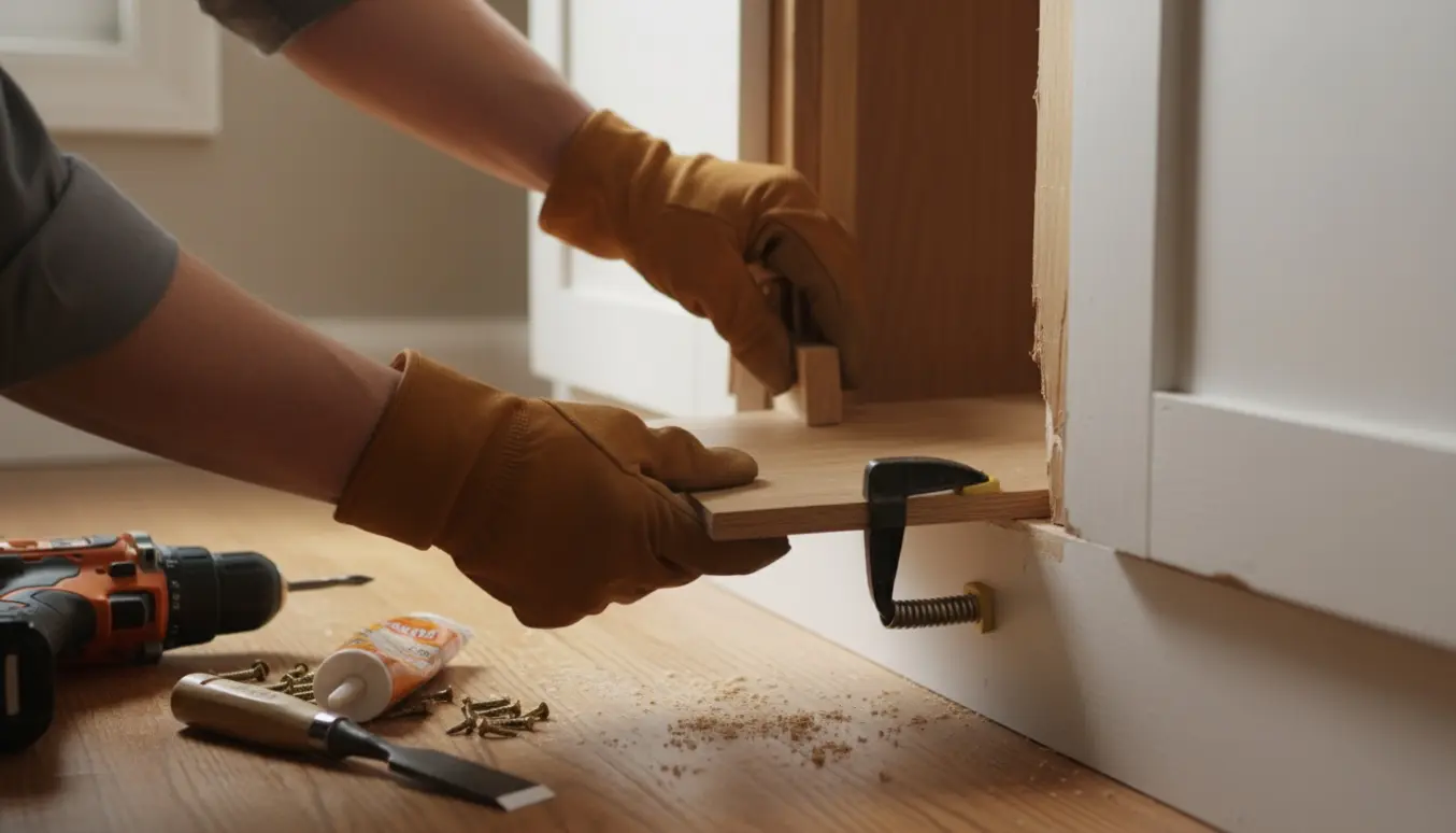 En håndværker reparerer et ødelagt træpanel i bunden af et skab og monterer en blok øverst for at forhindre, at ting falder ned.