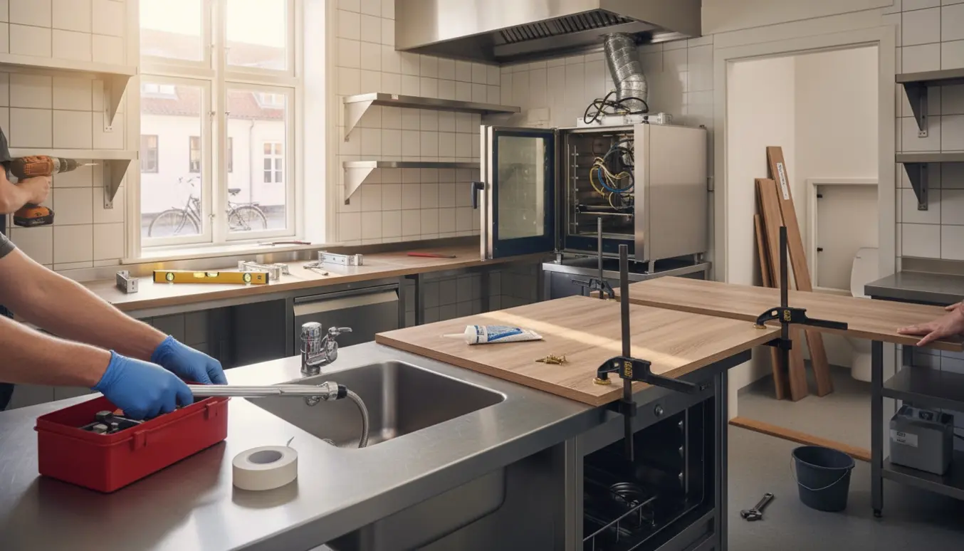 Håndværkere monterer vask, hylder og bordplade i en københavnsk restaurant med værktøj og materialer.