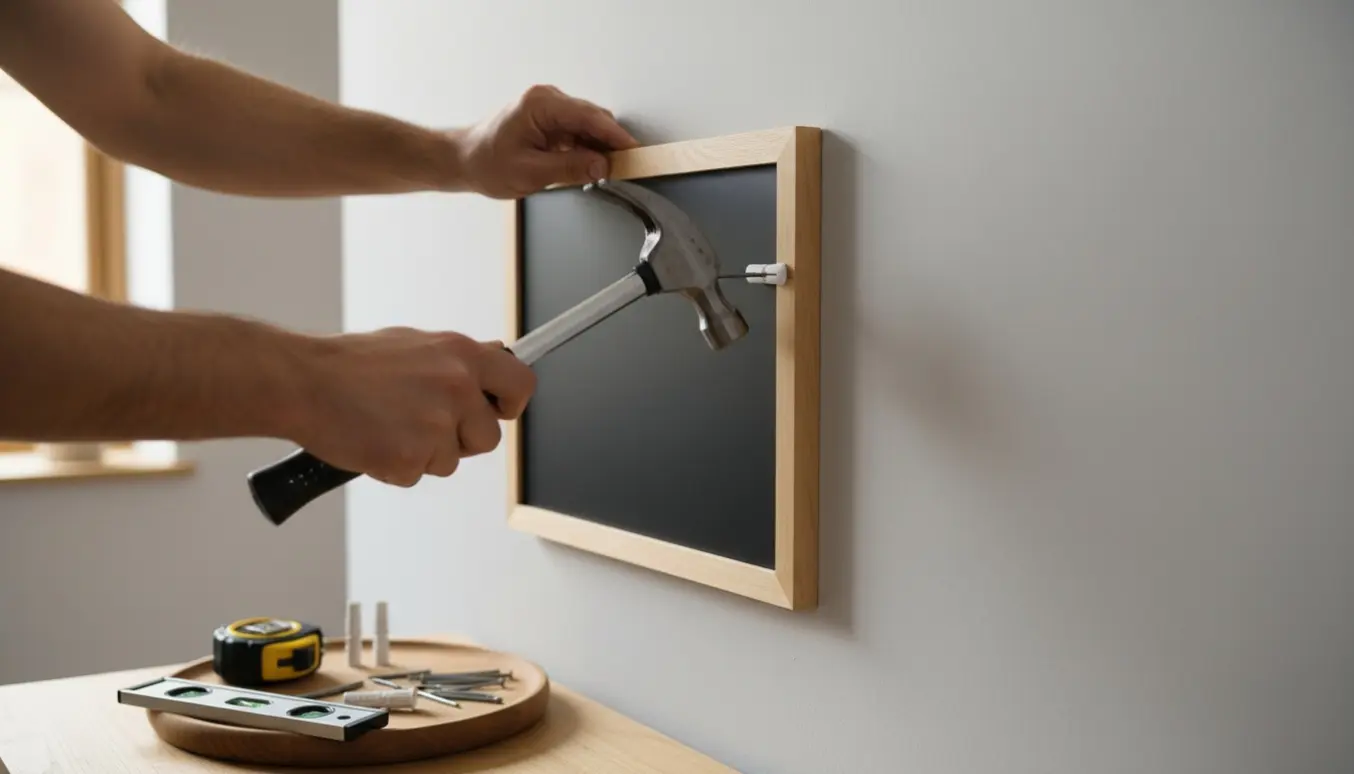 Nærbillede af hænder, der hænger en rammet tavle op med søm og rawl plugs.