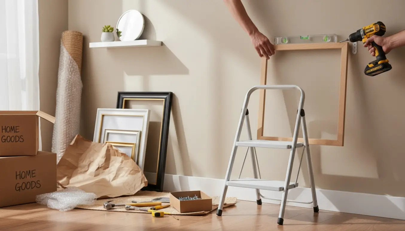 Hænder hænger billeder og en hylde op på en væg efter flytning i et lyst, ryddeligt rum.