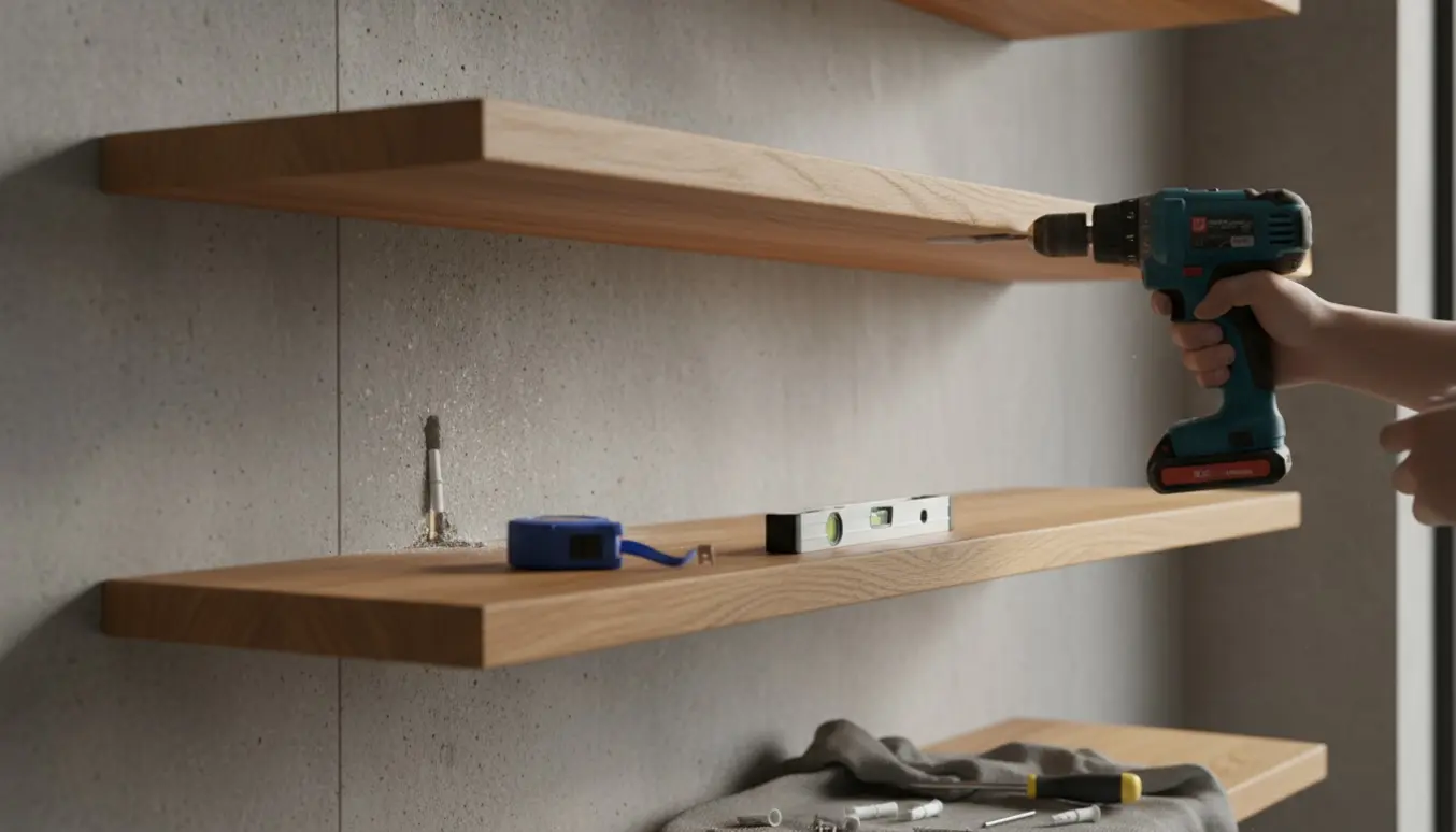Tre træhylder monteres på en rå betonvæg med rawlplugs, skruer og værktøj synlige.