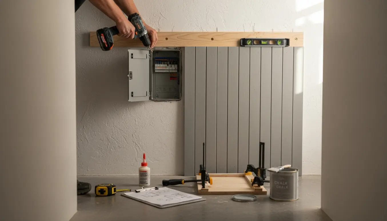 Nærbillede af hænder, der fastgør en dekorativ træplade til en træskrue-listé for at skjule et el-skab i en lys gang.