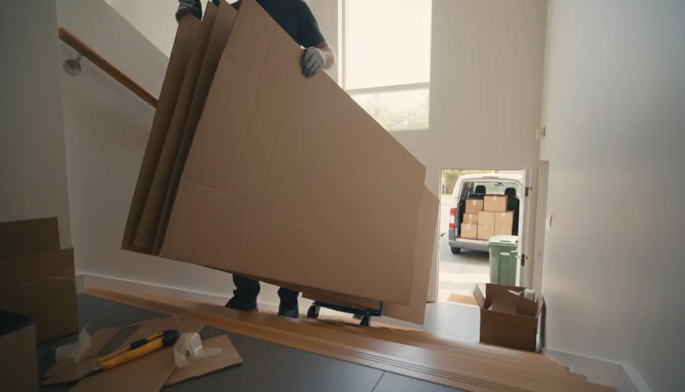 Store flade papstykker bæres ned ad en opgang og læsses i en varevogn til genbrug.