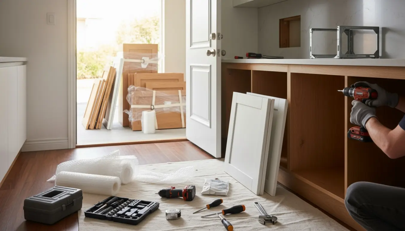 Hænder med handsker fjerner et køkkenskab, værktøj ligger på et beskyttelsesunderlag, og nedtagne skabe er pænt stablet i garagen udenfor.