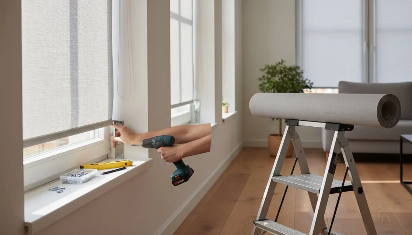 Hænder monterer to rullegardiner ved et vindue, med værktøj og beslag i fokus.