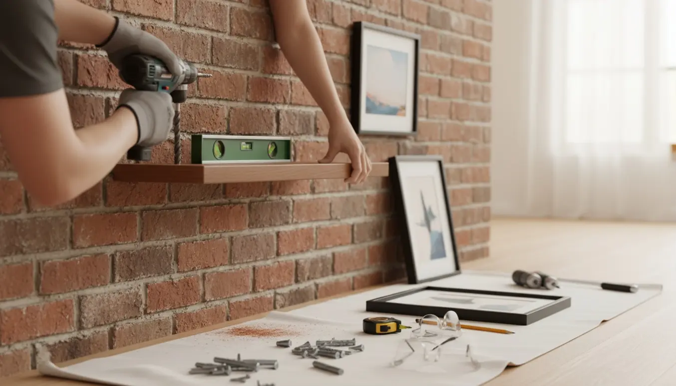 Hænder monterer en træhylde på en rå murstensvæg, mens to indrammede billeder klargøres til ophæng.