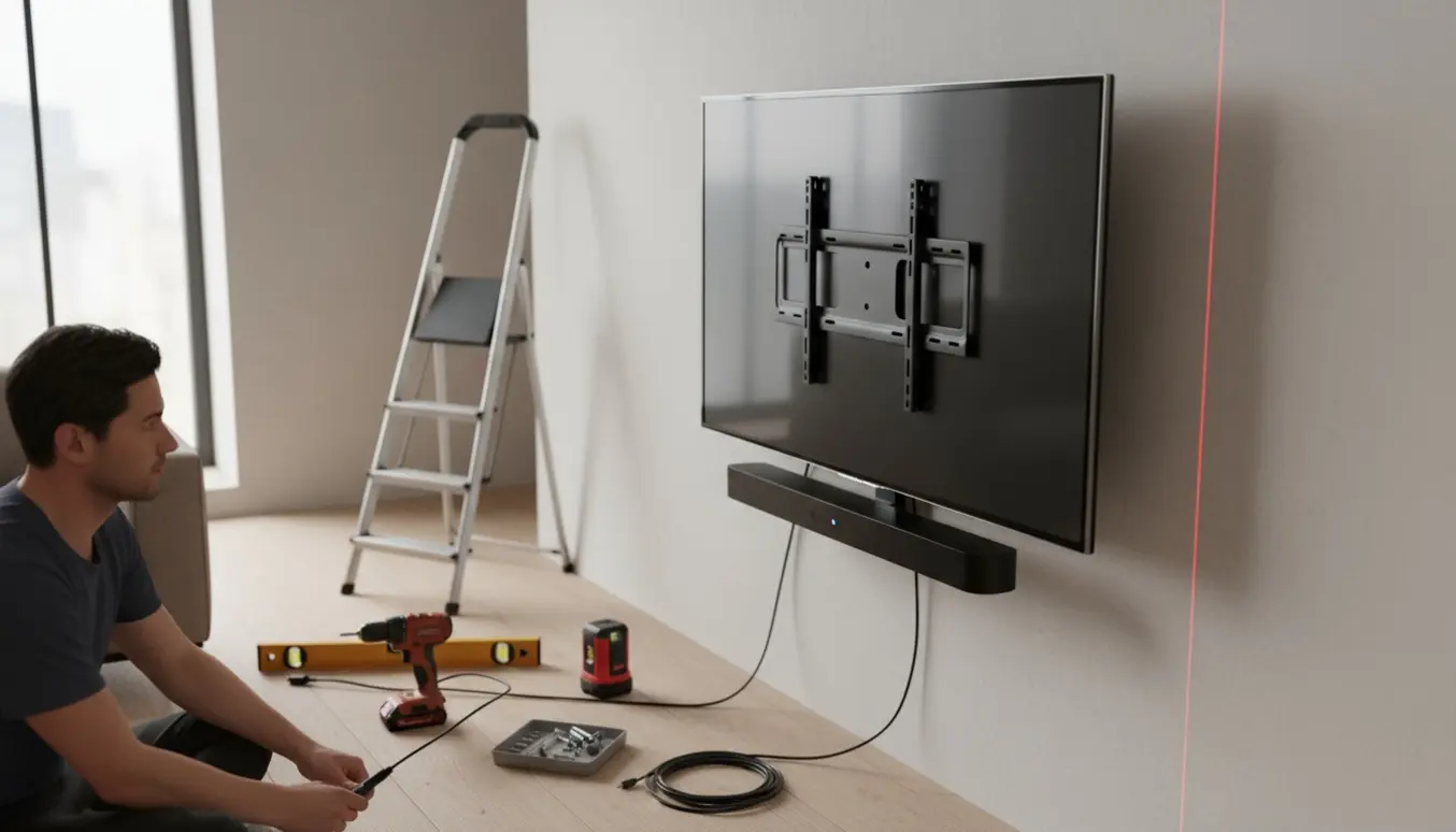 Et 50 tommers fladskærms-tv monteres på en gipsvæg, mens hænder forbinder HDMI-kabel til soundbar.