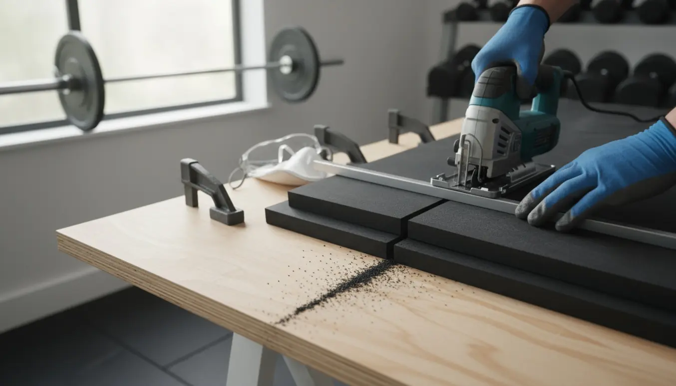 Hænder skærer en 40 mm vægtløftningsmåtte til med en elektrisk sav ved fodlisten i et lyst træningsrum.