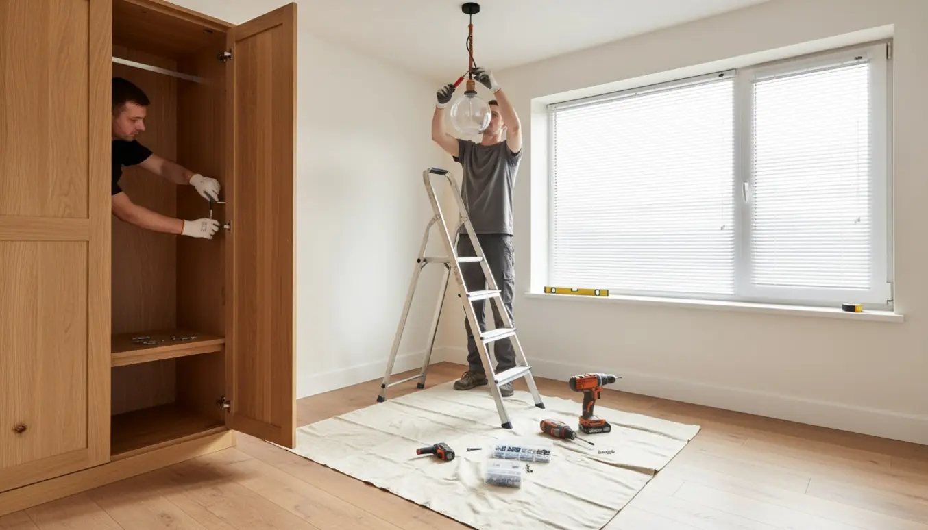 Håndværker monterer loftlampe, sætter persienne op og reparerer en garderobe, kun hænder synlige.