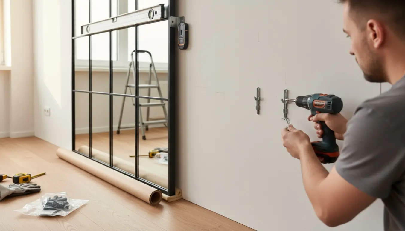 Et stort New Yorker-spejl (200×100 cm) hænges på en ensidet gipsvæg med bor, vaterpas og kraftige ankre.