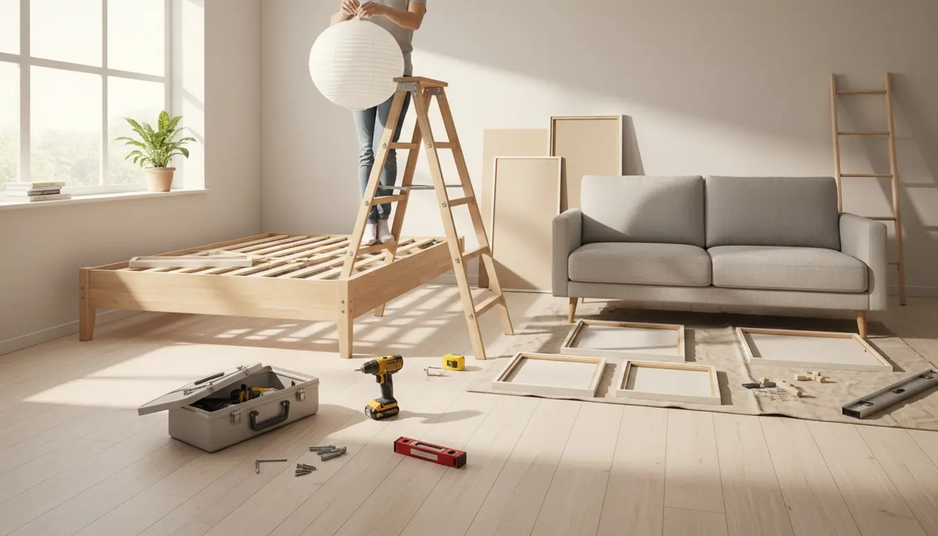 Hænder på en stige hænger en rispapirlampe op i en lys stue med delvist samlede møbler og billeder klar til ophæng.