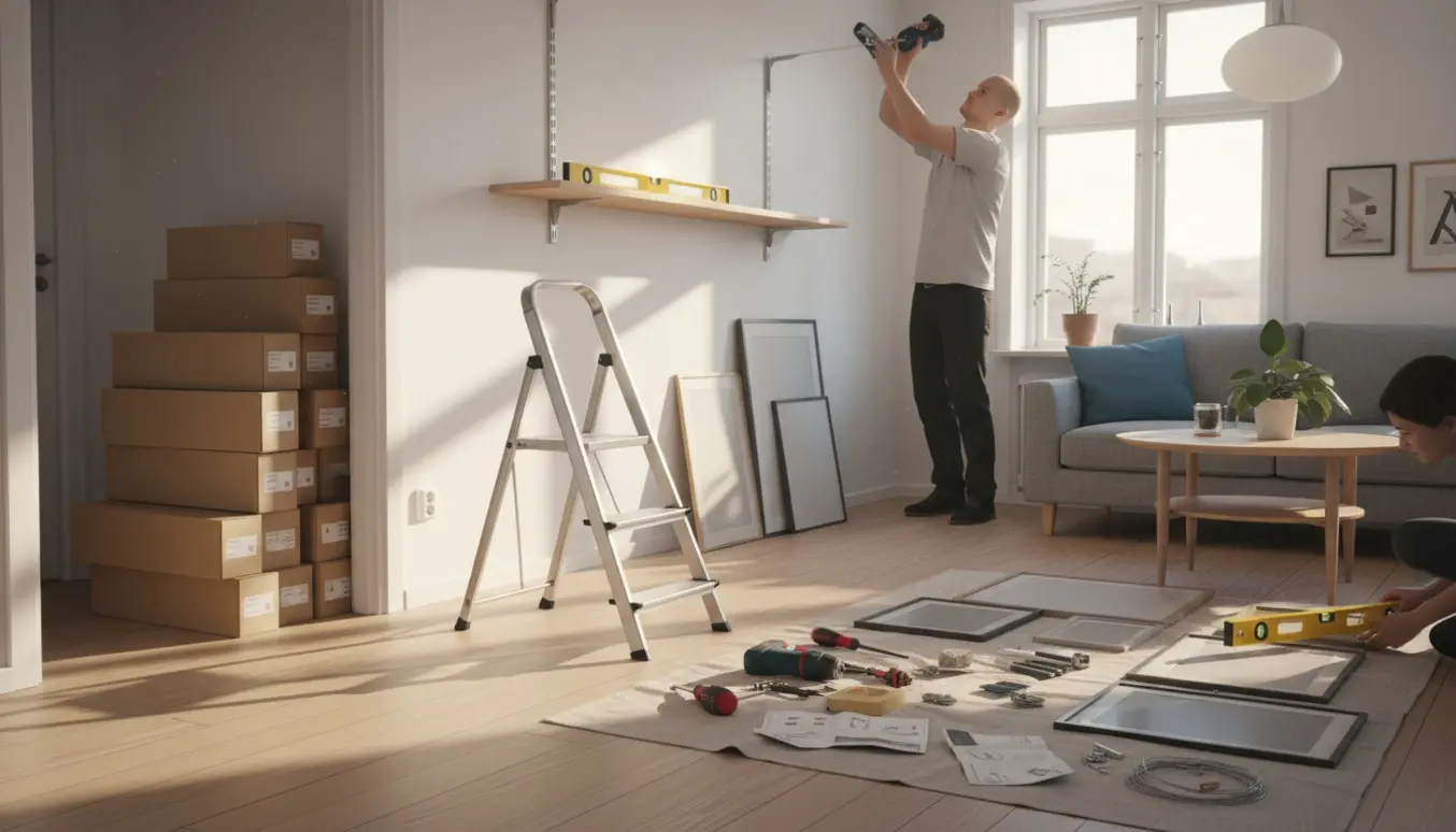 Lys stue i eftermiddagslys med fladt pakkede hylder, en person på en stige der monterer en loftslampe og værktøj på gulvet.