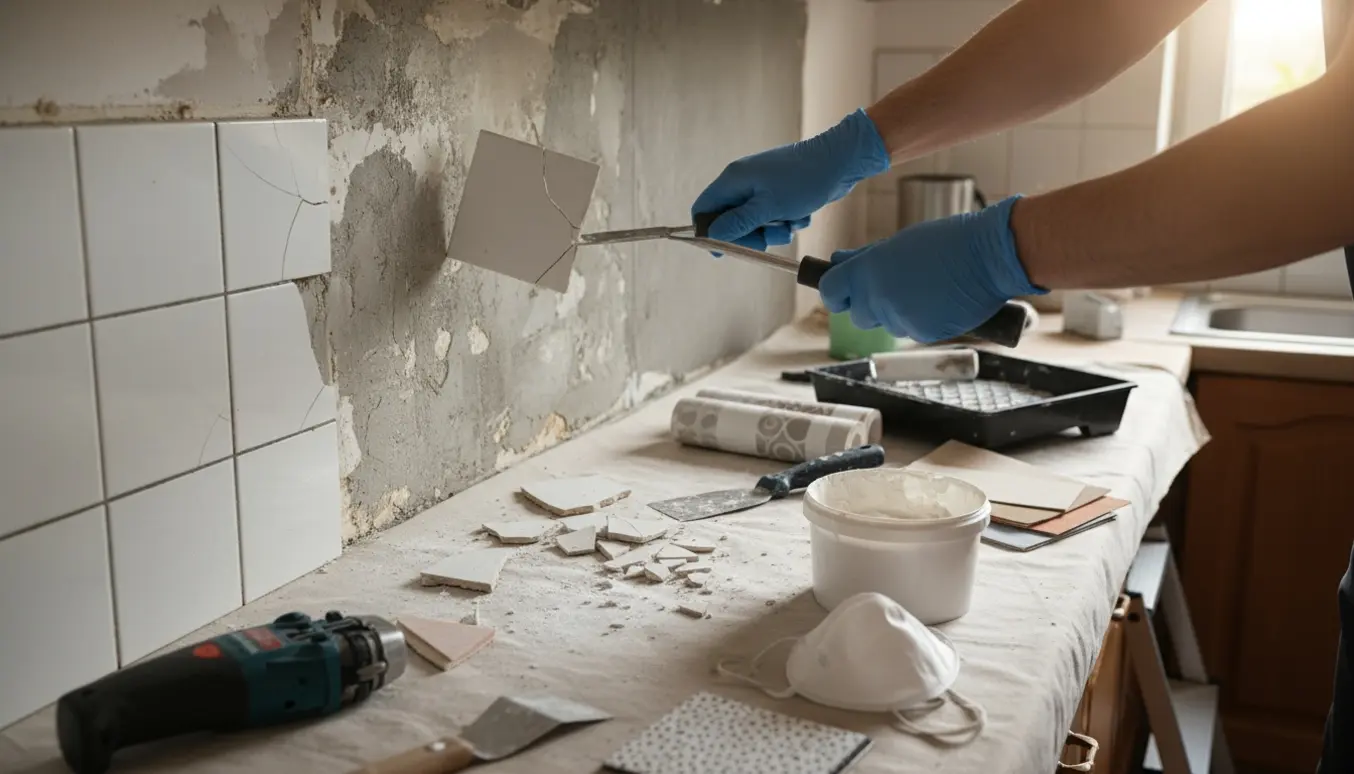Delvist fjernet køkkelfliser over bordpladen med værktøj og arbejdshænder i fokus.