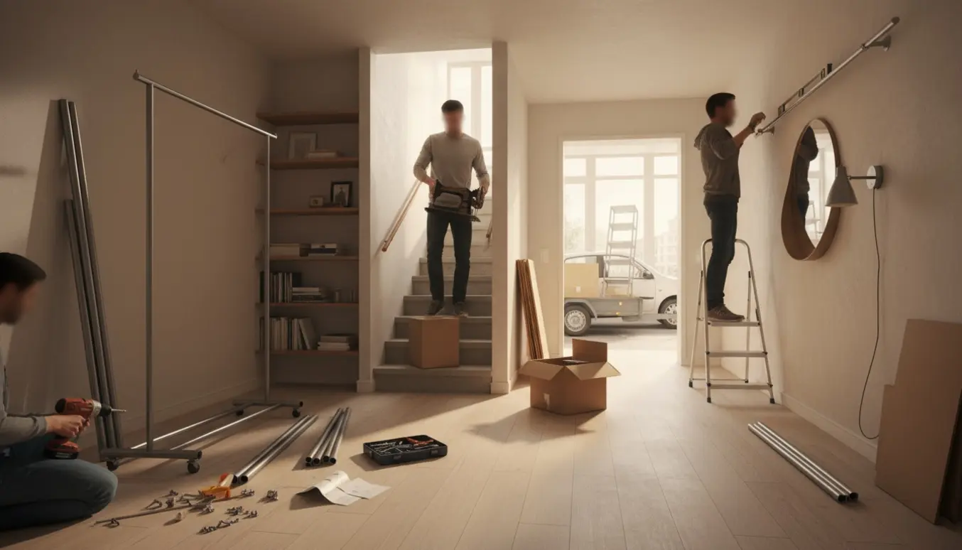 Personer bærer møbler og samler tøjstativer i en opgang med værktøj og trailer klar udenfor.