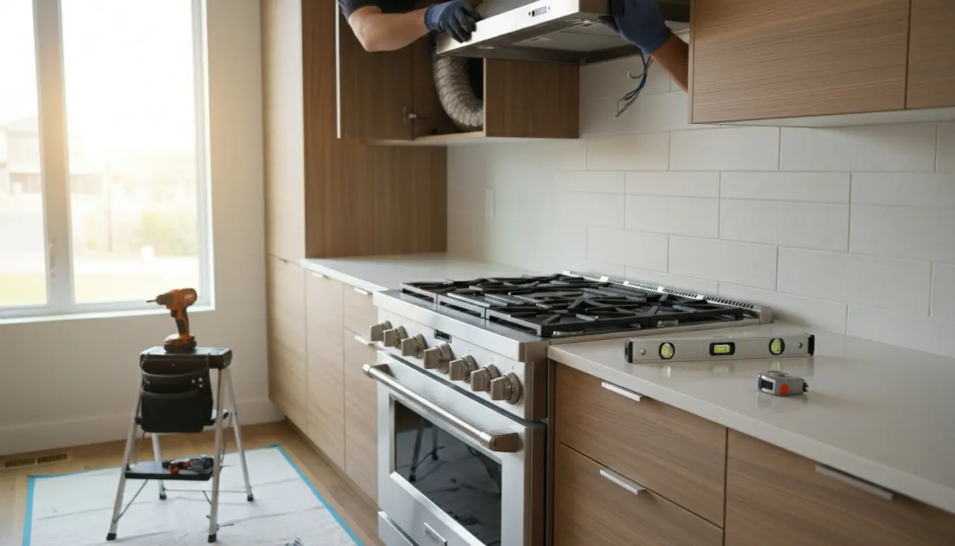 Indbygget emhætte føres på plads i et moderne køkken af handskerklædte hænder med værktøj.