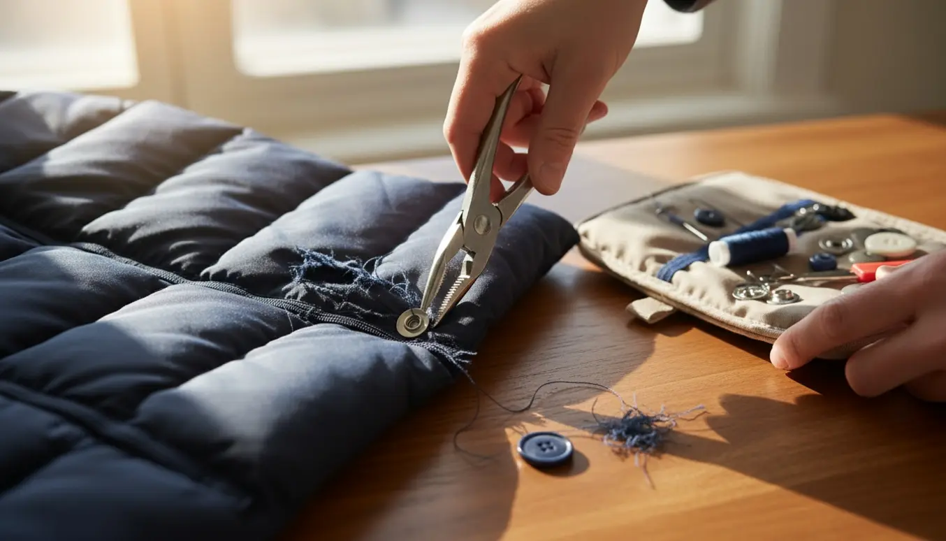 Nærbillede af hænder, der udskifter en trykknap på en vinterjakke med original knap og reparationsværktøj på et træbord.