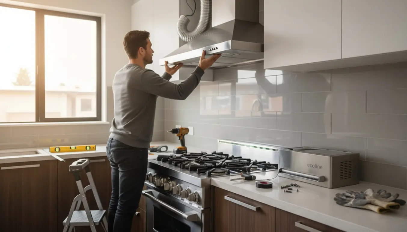 Håndværker monterer en ny rustfri emhætte i et moderne køkken med værktøj og den gamle emhætte på bordet.