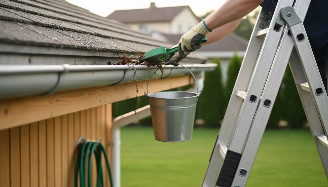 Person renser tagrender på en enkelt-etagers villa fra en stige på en skrånende grund med handsker og spand.