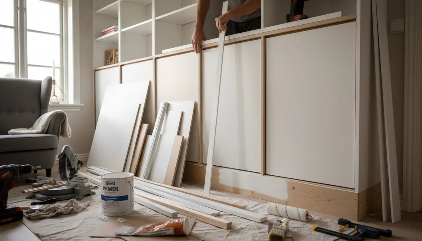 Partielt færdigbygget indbygget reol med Ikea-elementer, MDF-plader, lister og værktøj i et lyst stuehjørne.