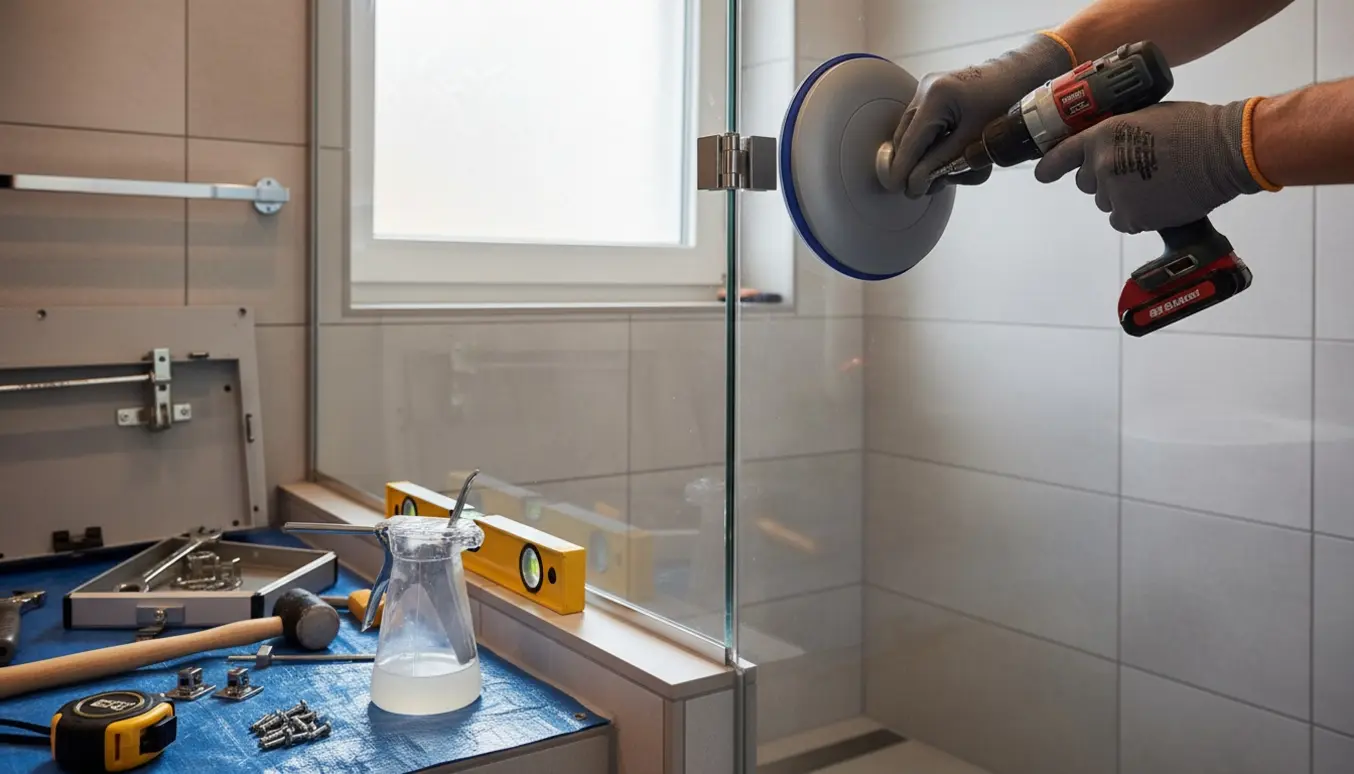 Hænder monterer en 90 cm glassbrusedør i et lyst badeværelse med værktøj og materialer ved siden af.