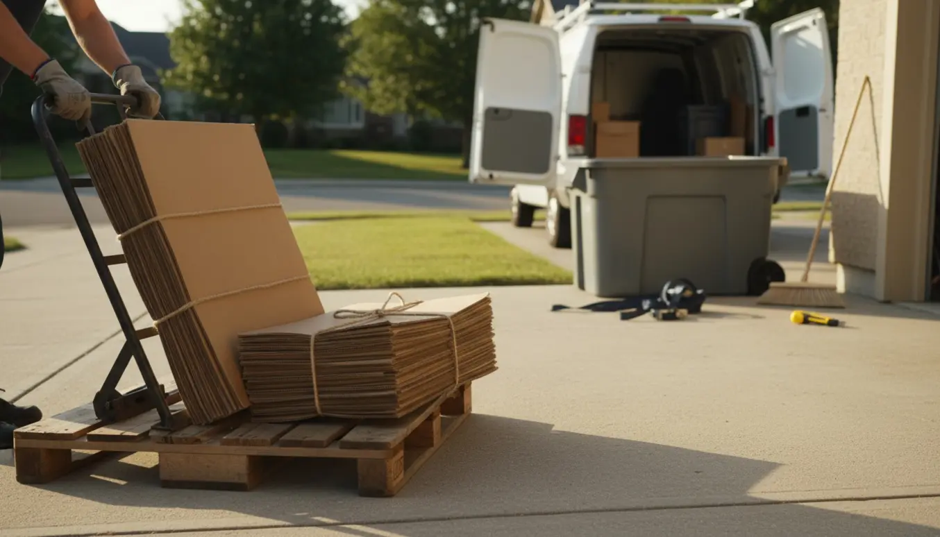 Stabler af pap og træbrædder ved fortovet klar til afhentning som storskrald.