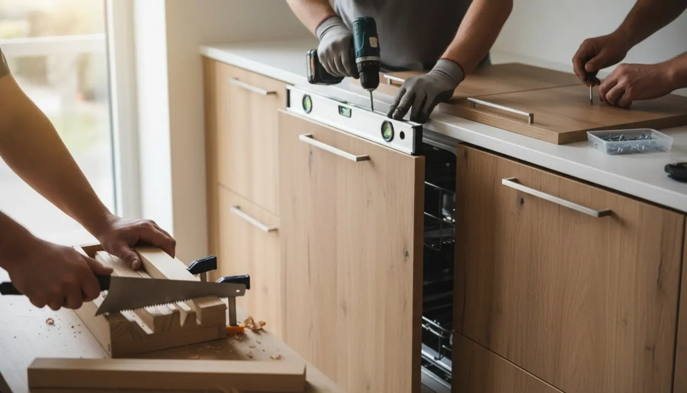 Hænder monterer et opvaskemaskinefrontpanel og greb i et lyst, moderne køkken med værktøj og sokkelstykke.