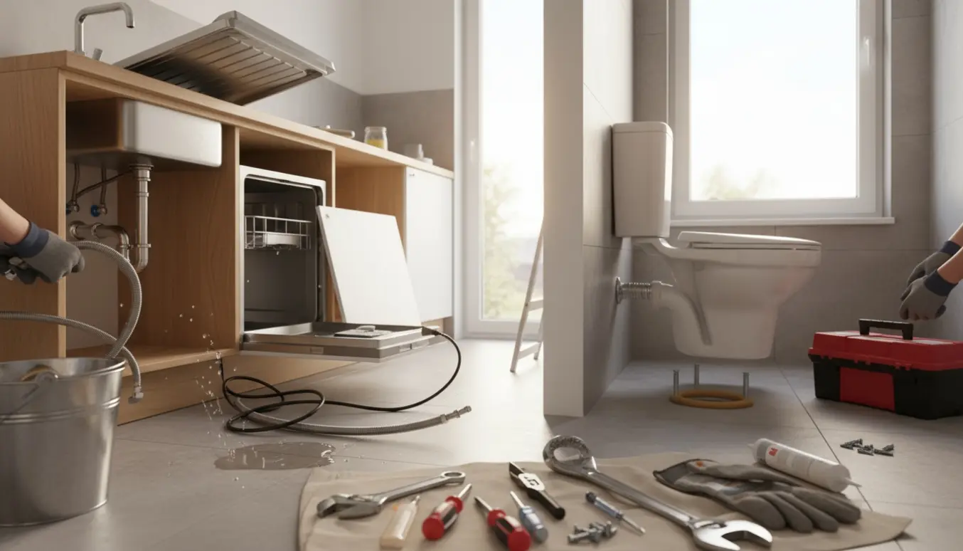 Hænder afmonterer køkkenvask og opvaskemaskine ved en delvist fjernet bordplade, mens et afmonteret toilet og værktøj ses i baggrunden.