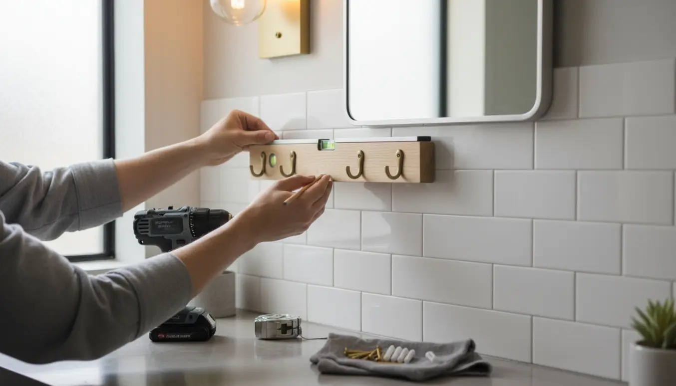 Hænder monterer en knagerække på flisevæggen i et lyst badeværelse med værktøj på vasken.