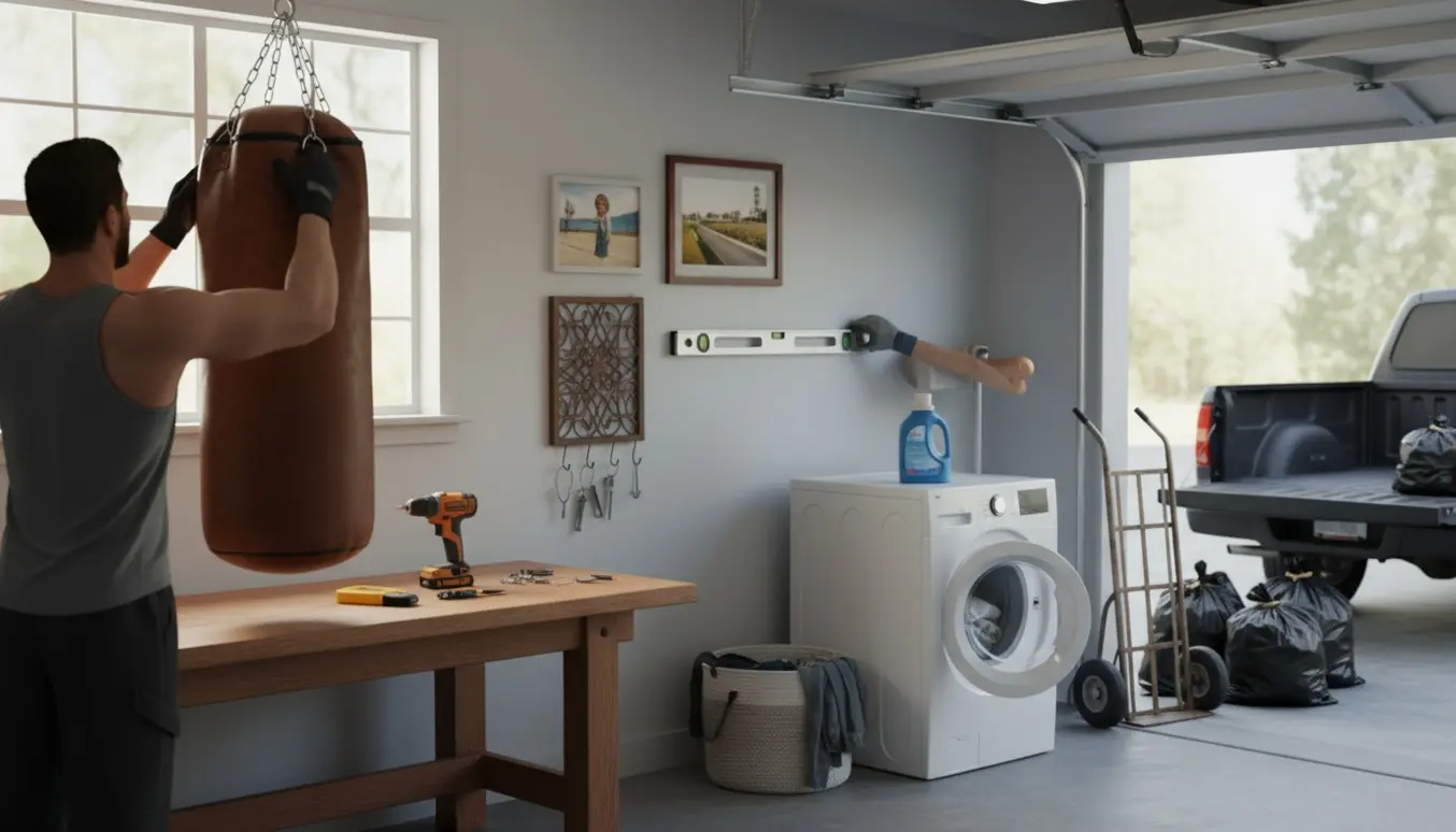 En person med ryggen til hænger en boksepude i en soloplyst garage med billeder, en nøgle-ramme, en vaskemaskine og sække affald klar til afhentning.