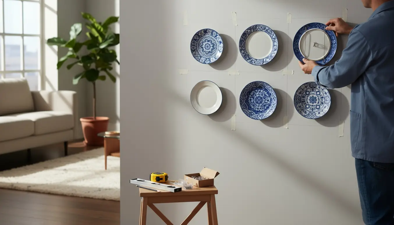 Hænder hænger ni dekorative tallerkener op på en neutral væg med måleværktøj og en stige i nærheden.