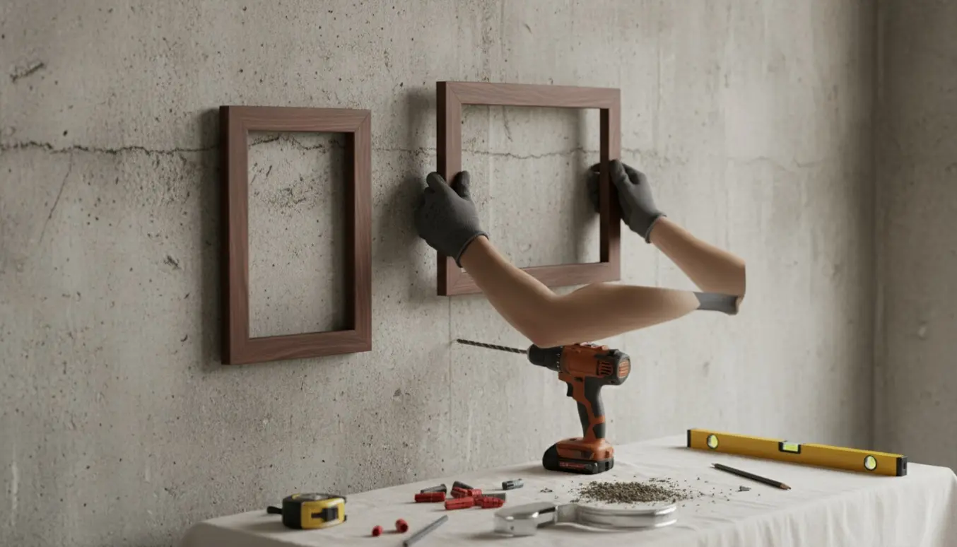 To billedrammer hænges op på en rå betonvæg med værktøj og vaterpas i fokus.