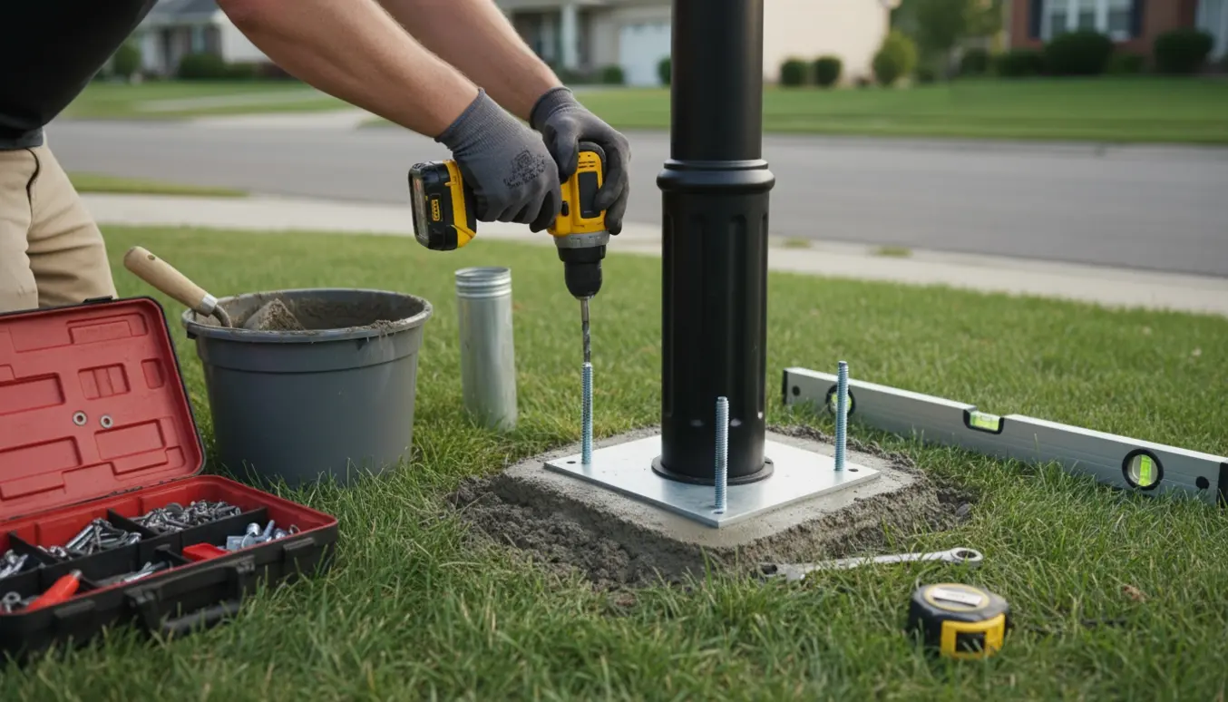 Arbejdshænder fastgør en stor sort standerpostkasse i frisk beton ved vejkanten.