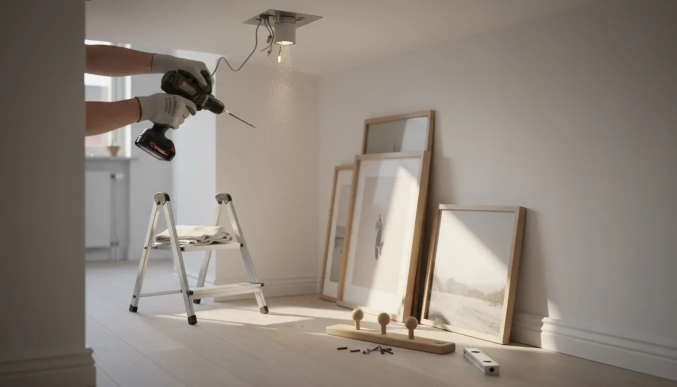 Montage af en loftslampe i en lys skandinavisk gang med billeder og en lille knagerække klar.