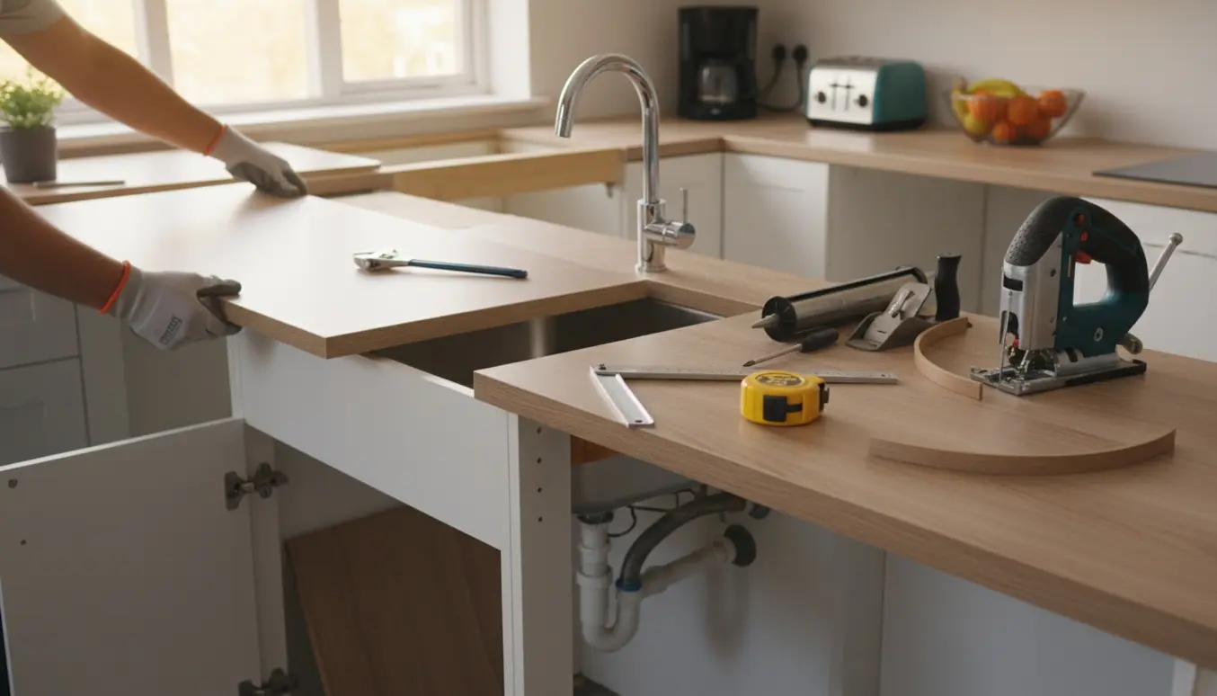 Nærbillede af montering af ny laminatbordplade og armatur i et lyst køkken, med værktøj og synlig vask.