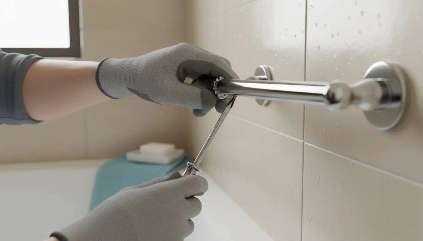 Tæt foto af en hånd, der strammer en løs skrue i ophænget til et badeforhæng mellem intakte fliser.