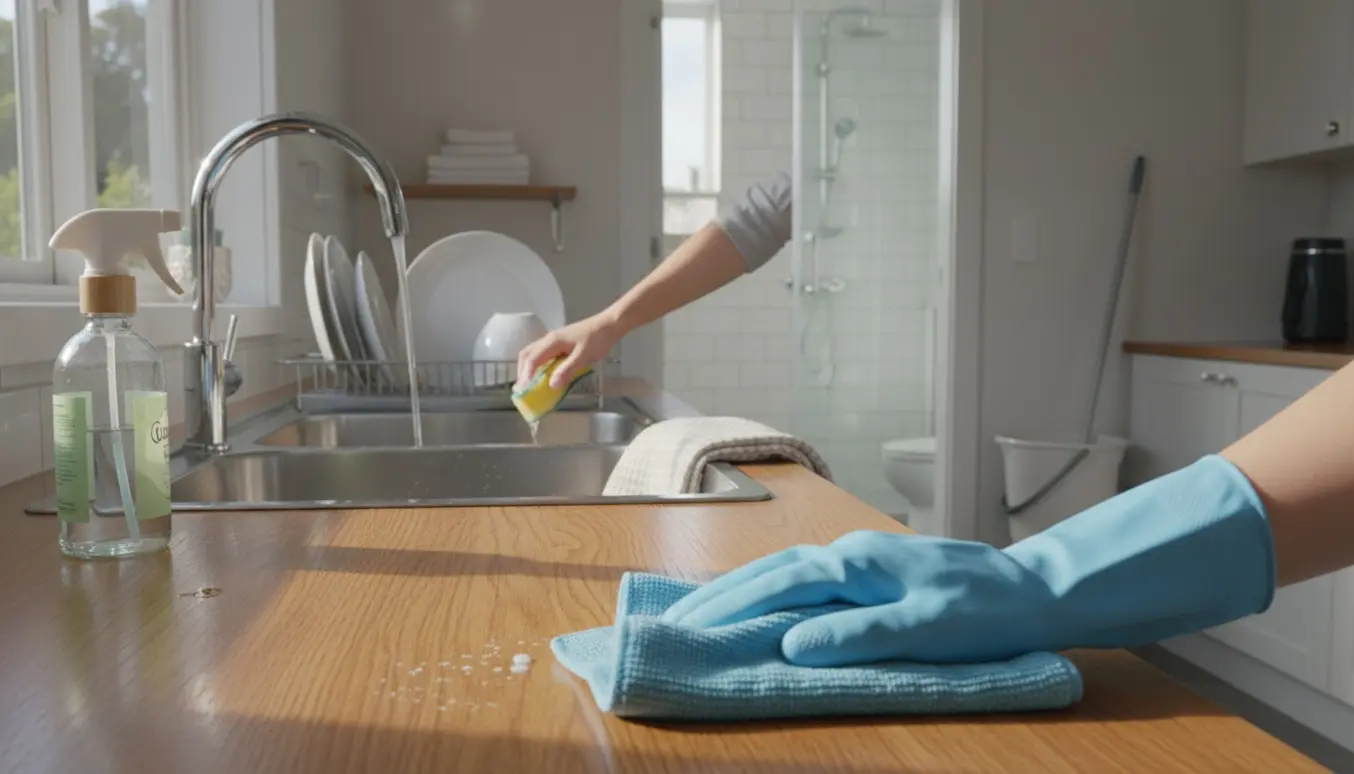 Hænder tørrer et spisebord i et solrigt åbent køkken-alrum med skinnende vask og et rent badeværelse i baggrunden.