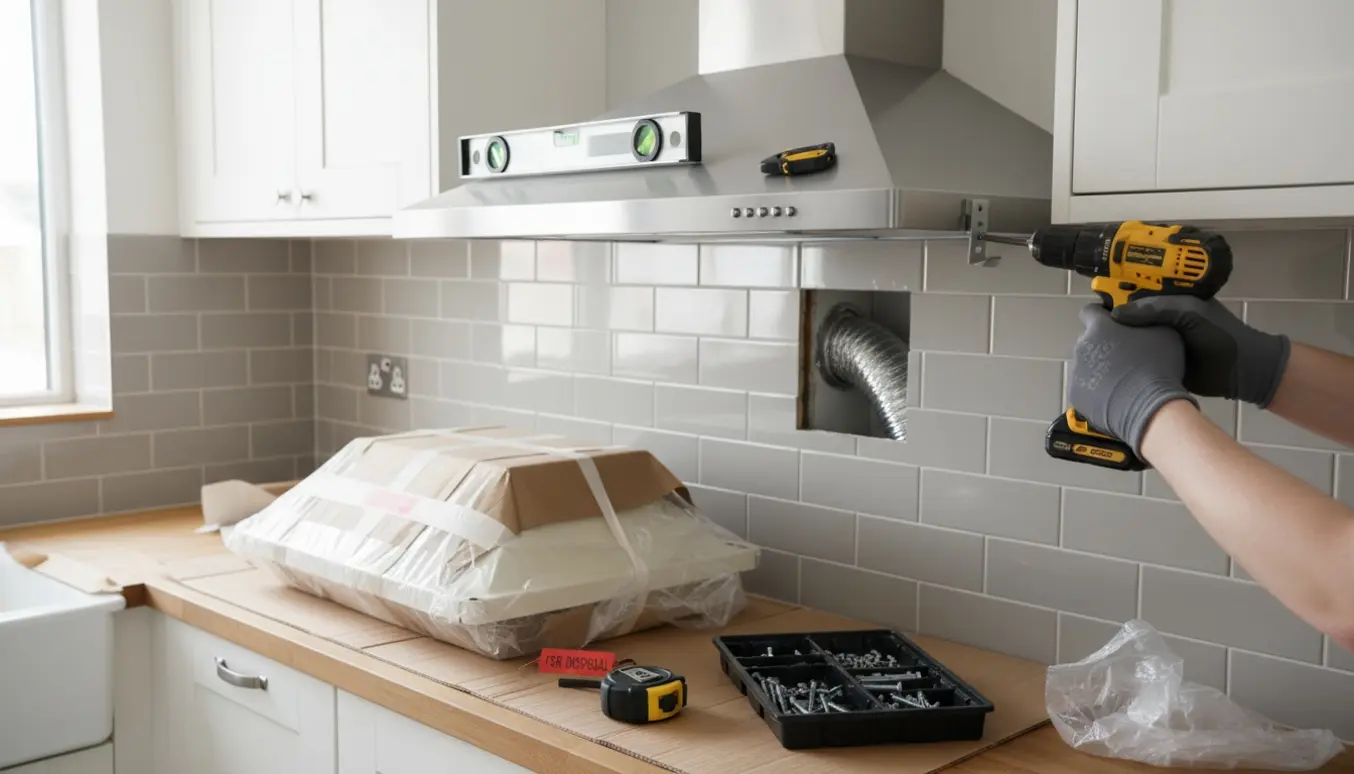 Ny rustfri emhætte monteres i et lyst køkken med værktøj og den nedtagne gamle emhætte ved siden af.