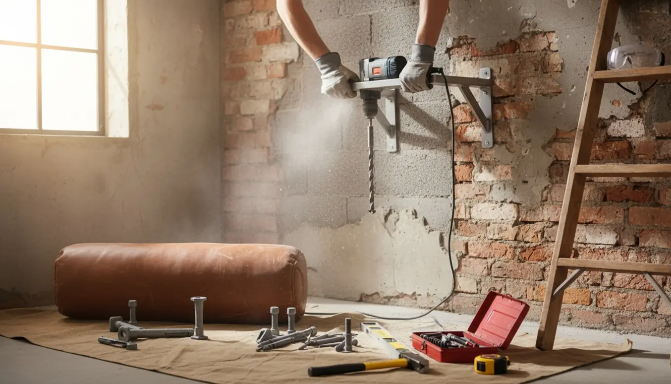 Hænder monterer et stålvæghæng til en boksesæk på en gammel beton- og murstensvæg.