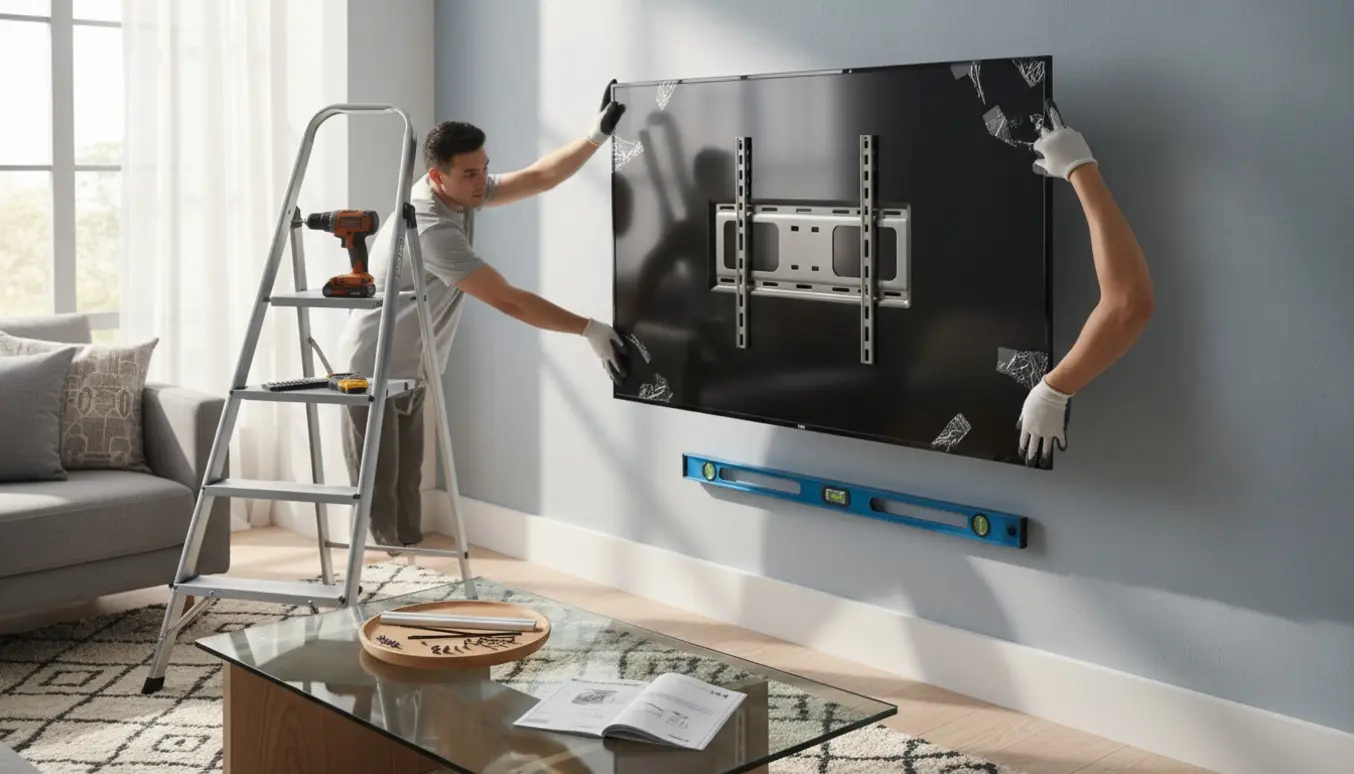 Hænger et stort fladskærms-tv op på væggen med værktøj og vægbeslag i fokus.