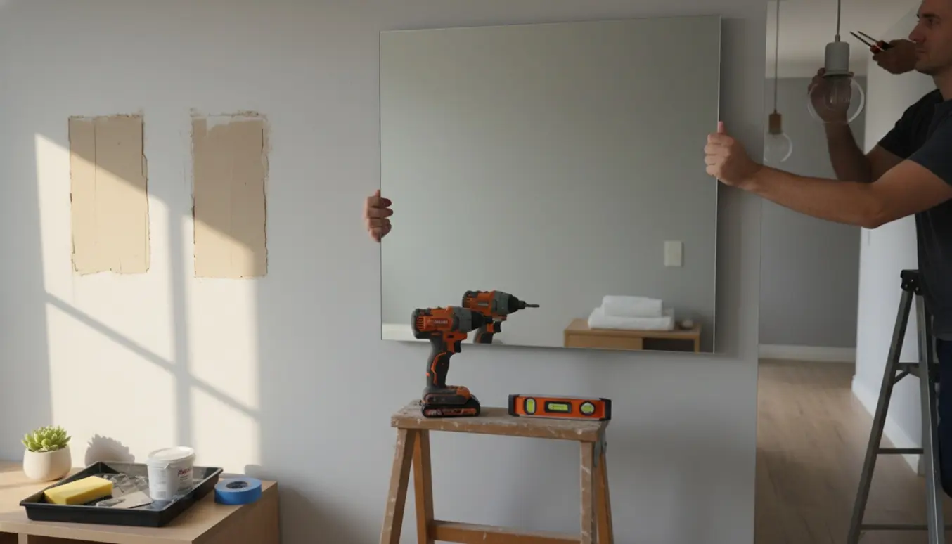 Nærbillede af ophængning af spejl, afmonterede hylder med spartelarbejde og udskiftning af loftslampe i et lyst hjem.