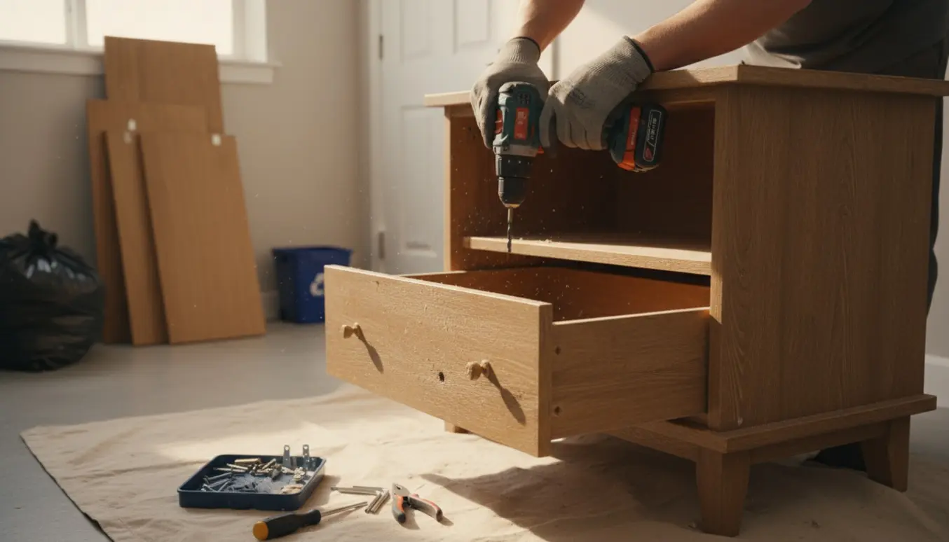 Nogen skiller en gammel kommode ad i en lys garage med en boremaskine og værktøj omkring.
