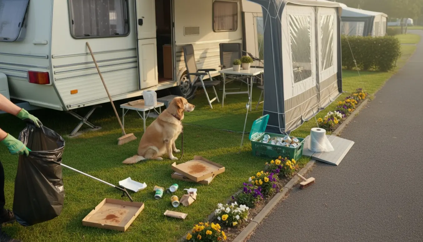Rengøring af en campingvogns fortelt og lille have med affaldsbortskaffelse og en hund i nærheden.