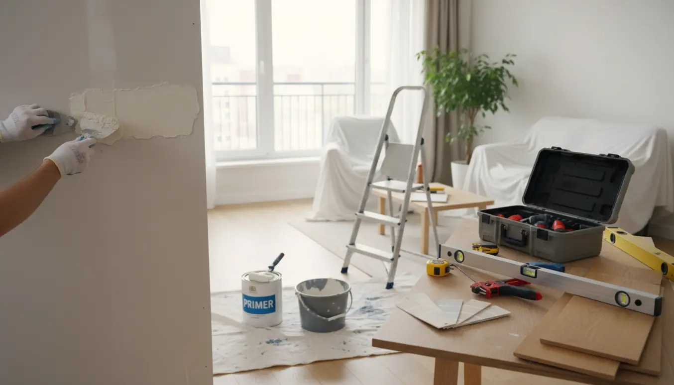 Hænder i handsker reparerer og spartler en lejlighedsvæg med værktøj og materialer omkring.