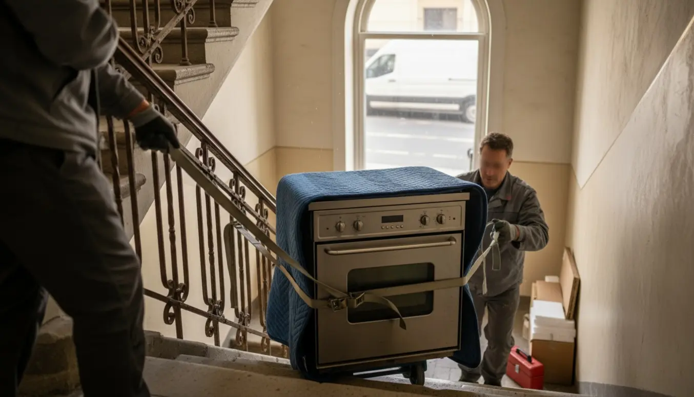 To personer bærer en indbygningsovn ned ad en smal trappe, ovnen er beskyttet med tæpper og stropper.