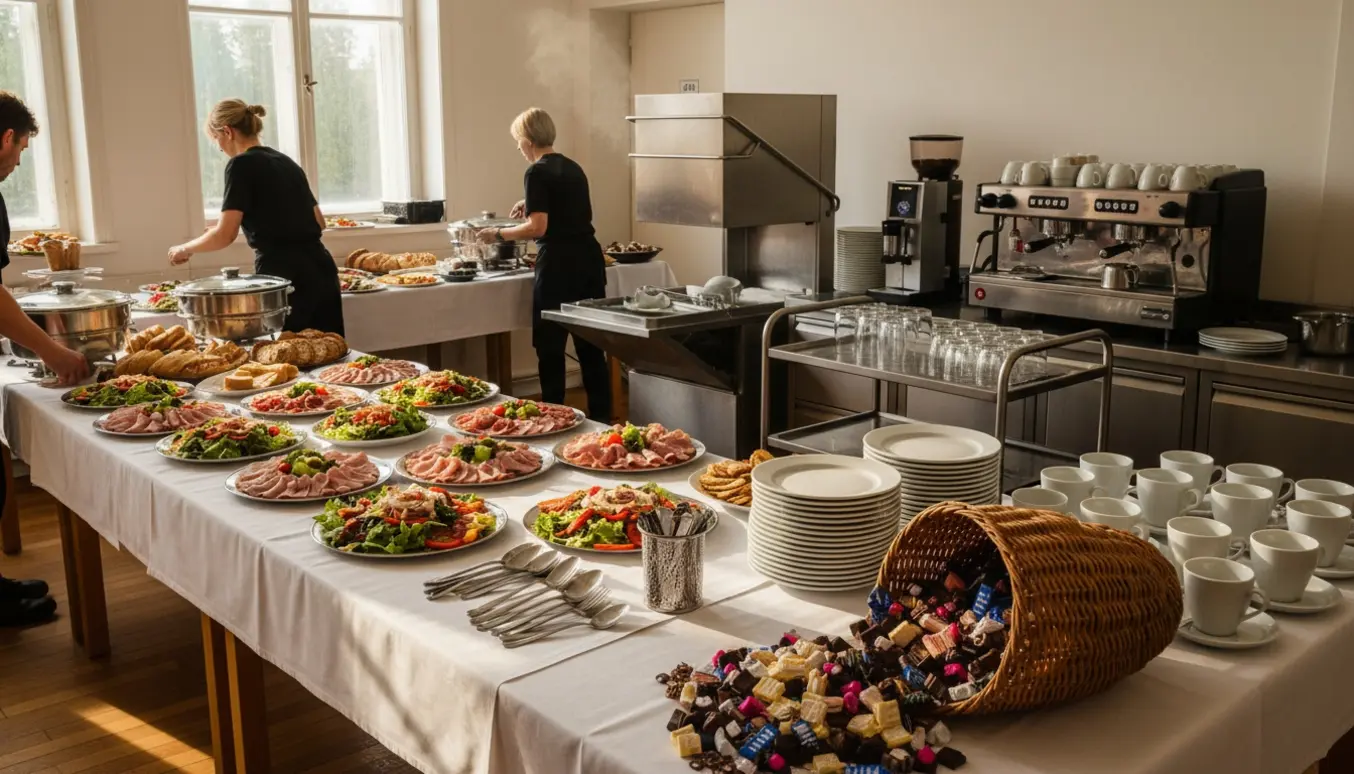 Hænder anretter buffet med fade, kaffeautomat og et overflødighedshorn med chokolade i et lyst køkken.