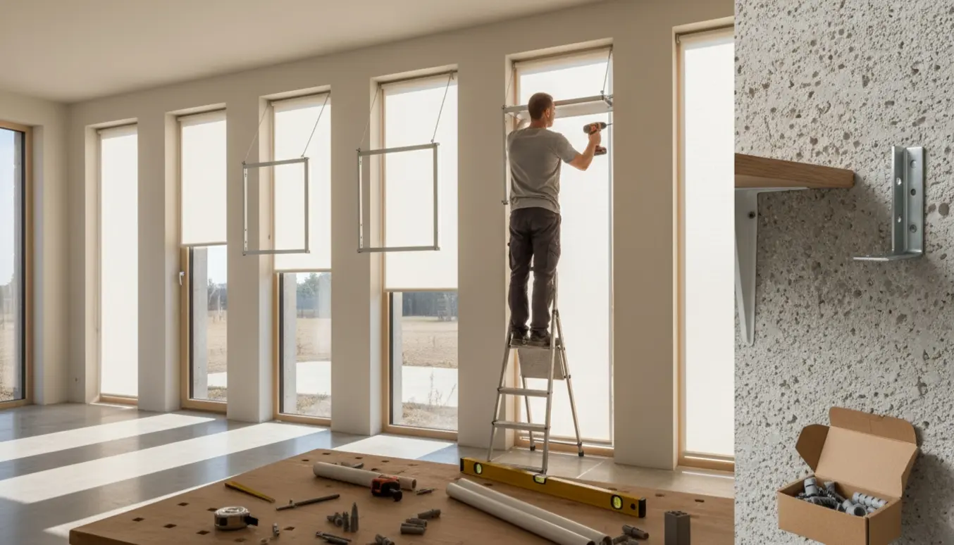 Håndværker monterer rullegardiner ved en række vinduer og forbereder en hylde på en gasbetonvæg med værktøj i forgrunden.